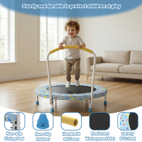 Skepphlay 36" Foldable Toddler Trampoline w/ Adjustable Handlebar for Kids 1-6 Ages, Safe & Sturdy Design, Baby Blue