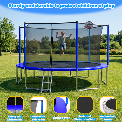 Skepphlay 14 FT Outdoor Trampoline w/ Basketball Hoop, 3 Steps Ladder and Safe Enclosure Net, Blue Recreational Trampoline for Kids, Adults, Backyard