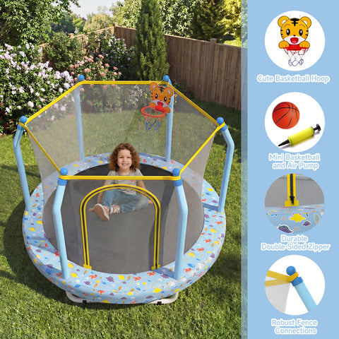 Skepphlay 55" Small Indoor Outdoor Trampoline w/ Basketball Hoop, Safety Enclosure Design, Baby Round Jumping Mat, Best Gifts For Boys Girls, Baby Blue