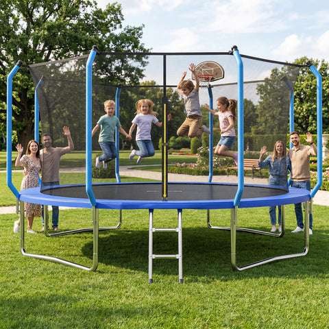 Skepphlay 14 FT Outdoor Trampoline w/ Basketball Hoop, 2 Steps Ladder and Safe Enclosure Net, Recreational Trampoline for Kids, Adults, Blue