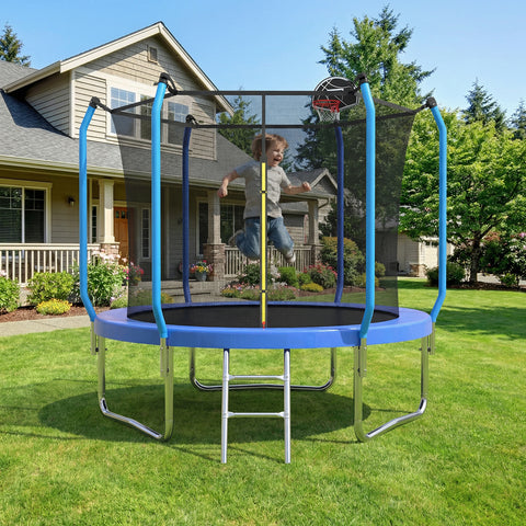 Skepphlay 8 FT Outdoor Trampoline w/ Basketball Hoop, 2 Steps Ladder and Safe Enclosure Net, Recreational Trampoline for Kids, Adults, Blue