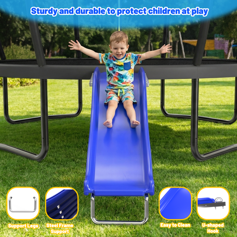 Skepphlay All-Weather Outdoor Trampolines Slide For Kids 6+, 220 LBs Capacity, Plastic Heavy Duty Slide For 8-16FT Trampoline, Blue