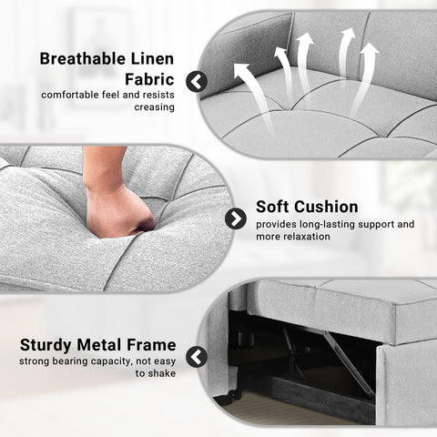 Grey Single Pull Out Couch Chair with Adjust Backrest, 3-in-1 Convertible Sleeper Sofa, Loveseat with Storage and Pillows, Modern Recliner for Living Room Apartment Office