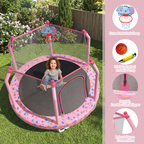 Skepphlay 55" Small Toddle Trampoline w/ Basketball Hoop, Safety Enclosure Design, Baby Round Jumping Mat, Best Gifts For Boys Girls, Pink