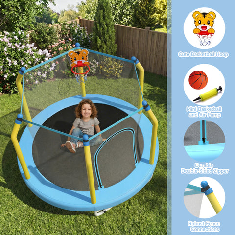 Skepphlay 55" Small Toddle Trampoline w/ Basketball Hoop, Safety Enclosure Design, Baby Round Jumping Mat, Best Gifts For Boys Girls, Orange