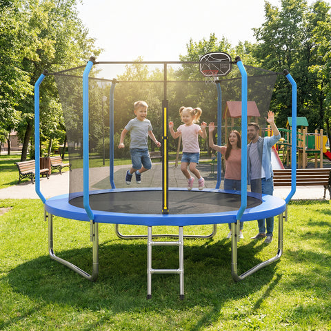 Skepphlay 10 FT Outdoor Trampoline w/ Basketball Hoop, 2 Steps Ladder and Safe Enclosure Net, Recreational Trampoline for Kids, Adults, Blue