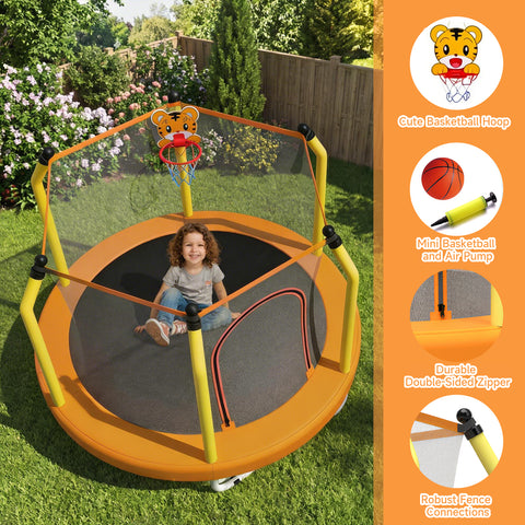 Skepphlay 55" Small Toddle Trampoline w/ Basketball Hoop, Safety Enclosure Design, Baby Round Jumping Mat, Best Gifts For Boys Girls, Orange