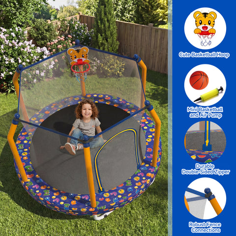 Skepphlay 55" Small Toddle Trampoline w/ Basketball Hoop, Safety Enclosure Design, Baby Round Jumping Mat, Best Gifts For Boys Girls, Dark Blue