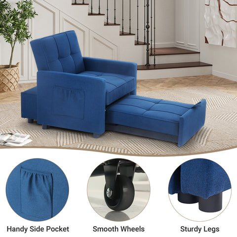 Blue Single Pull Out Couch Chair with Adjust Backrest, 3-in-1 Convertible Sleeper Sofa, Loveseat with Storage and Pillows, Modern Recliner for Living Room Apartment Office