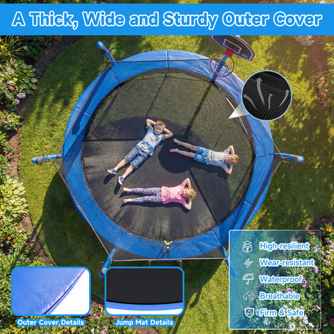 Skepphlay 12 FT Outdoor Trampoline w/ Basketball Hoop, 2 Steps Ladder and Safe Enclosure Net, Recreational Trampoline for Kids, Adults, Blue