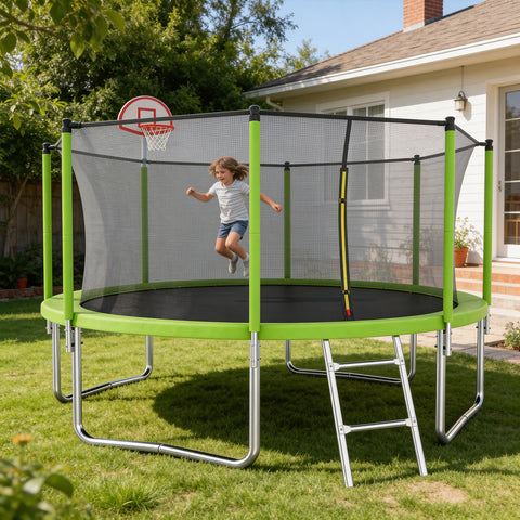 Skepphlay 12 FT Outdoor Trampoline w/ Basketball Hoop, 2 Steps Ladder and Safe Enclosure Net, Green Recreational Trampoline for Kids, Adults, Backyard