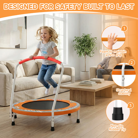 Skepphlay 36" Foldable Toddler Trampoline w/ Adjustable Handlebar for Kids 1-6 Ages, Safe & Sturdy Design, Orange