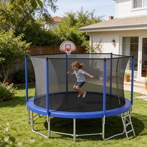 Skepphlay 15 FT Outdoor Trampoline w/ Basketball Hoop, 3 Steps Ladder and Safe Enclosure Net, Blue Recreational Trampoline for Kids, Adults, Backyard