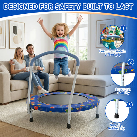 Skepphlay 36" Foldable Toddler Trampoline w/ Adjustable Handlebar for Kids 1-6 Ages, Safe & Sturdy Design, Blue