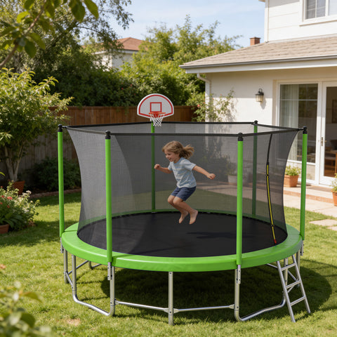 Skepphlay 15 FT Outdoor Trampoline w/ Basketball Hoop, 3 Steps Ladder and Safe Enclosure Net, Green Recreational Trampoline for Kids, Adults, Backyard