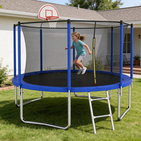 Skepphlay 12 FT Outdoor Trampoline w/ Basketball Hoop, 2 Steps Ladder and Safe Enclosure Net, Blue Recreational Trampoline for Kids, Adults, Backyard