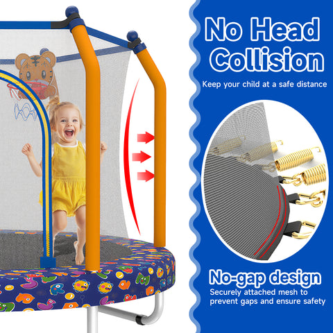 Skepphlay 55" Small Toddle Trampoline w/ Basketball Hoop, Safety Enclosure Design, Baby Round Jumping Mat, Best Gifts For Boys Girls, Dark Blue
