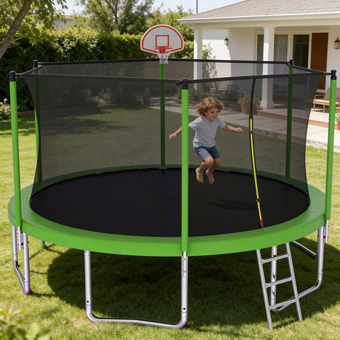 Skepphlay 14 FT Outdoor Trampoline w/ Basketball Hoop, 3 Steps Ladder and Safe Enclosure Net, Green Recreational Trampoline for Kids, Adults, Backyard
