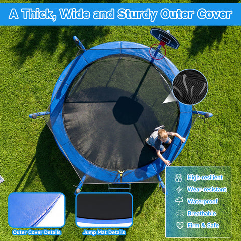 Skepphlay 8 FT Outdoor Trampoline w/ Basketball Hoop, 2 Steps Ladder and Safe Enclosure Net, Recreational Trampoline for Kids, Adults, Blue