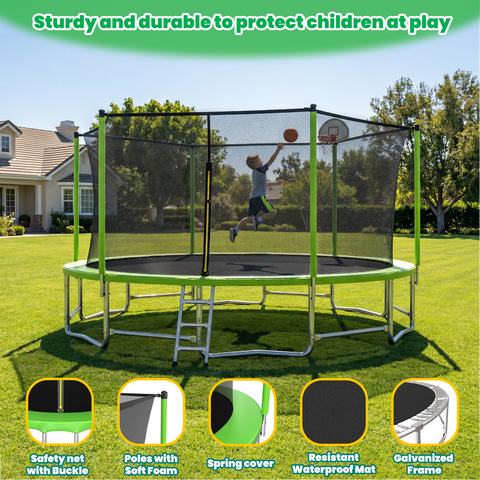 Skepphlay 16 FT Outdoor Trampoline w/ Basketball Hoop, 3 Steps Ladder and Safe Enclosure Net, Green Recreational Trampoline for Kids, Adults, Backyard