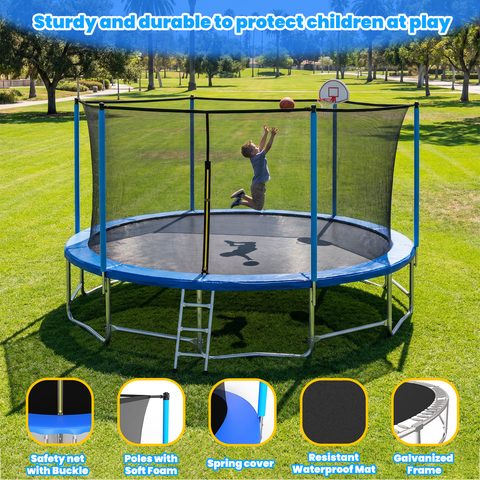 Skepphlay 16 FT Outdoor Trampoline w/ Basketball Hoop, 3 Steps Ladder and Safe Enclosure Net, Blue Recreational Trampoline for Kids, Adults, Backyard