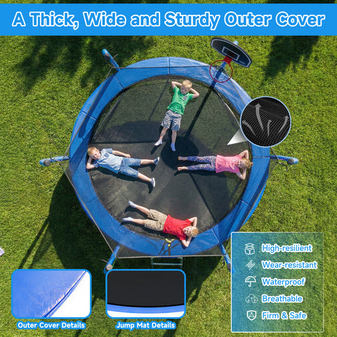 Skepphlay 14 FT Outdoor Trampoline w/ Basketball Hoop, 2 Steps Ladder and Safe Enclosure Net, Recreational Trampoline for Kids, Adults, Blue