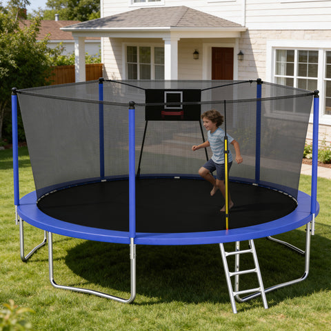Skepphlay 14 FT Outdoor Trampoline with Safety Enclosure Net, Basketball Hoop, 5 W-Shaped Legs & Ladder, ASTM Certified for Kids Adults,Blue