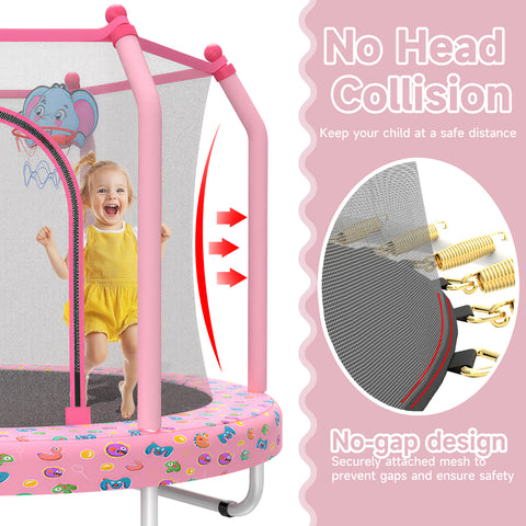 Skepphlay 55" Small Toddle Trampoline w/ Basketball Hoop, Safety Enclosure Design, Baby Round Jumping Mat, Best Gifts For Boys Girls, Pink