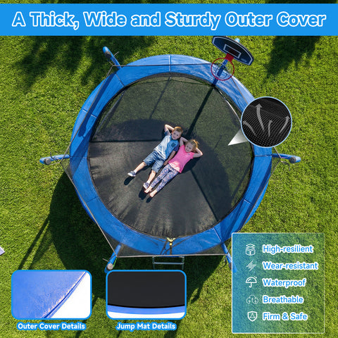Skepphlay 10 FT Outdoor Trampoline w/ Basketball Hoop, 2 Steps Ladder and Safe Enclosure Net, Recreational Trampoline for Kids, Adults, Blue