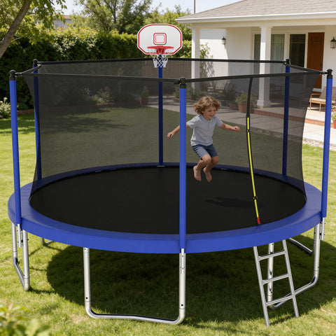 Skepphlay 10 FT Outdoor Trampoline w/ Basketball Hoop, 2 Steps Ladder and Safe Enclosure Net, Blue Recreational Trampoline for Kids, Adults, Backyard
