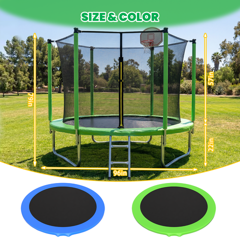 Skepphlay 8 FT Outdoor Trampoline w/ Basketball Hoop, 2 Steps Ladder and Safe Enclosure Net, Green Recreational Trampoline for Kids, Adults, Backyard