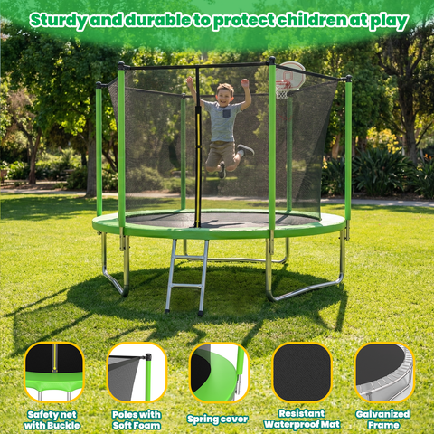 Skepphlay 10 FT Outdoor Trampoline w/ Basketball Hoop, 2 Steps Ladder and Safe Enclosure Net, Green Recreational Trampoline for Kids, Adults, Backyard
