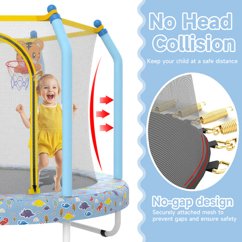 Skepphlay 55" Small Indoor Outdoor Trampoline w/ Basketball Hoop, Safety Enclosure Design, Baby Round Jumping Mat, Best Gifts For Boys Girls, Baby Blue