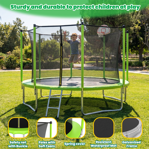 Skepphlay 12 FT Outdoor Trampoline w/ Basketball Hoop, 2 Steps Ladder and Safe Enclosure Net, Green Recreational Trampoline for Kids, Adults, Backyard