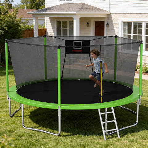 Skepphlay 14 FT Outdoor Trampoline with Safety Enclosure Net, Basketball Hoop, 5 W-Shaped Legs & Ladder, ASTM Certified for Kids Adults, Green