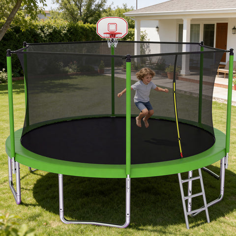 Skepphlay 10 FT Outdoor Trampoline w/ Basketball Hoop, 2 Steps Ladder and Safe Enclosure Net, Green Recreational Trampoline for Kids, Adults, Backyard
