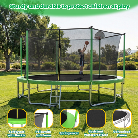 Skepphlay 15 FT Outdoor Trampoline w/ Basketball Hoop, 3 Steps Ladder and Safe Enclosure Net, Green Recreational Trampoline for Kids, Adults, Backyard