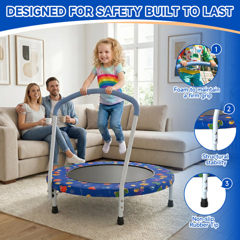 Skepphlay 36" Foldable Toddler Trampoline w/ Adjustable Handlebar for Kids 1-6 Ages, Safe & Sturdy Design, Blue