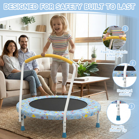 Skepphlay 36" Foldable Toddler Trampoline w/ Adjustable Handlebar for Kids 1-6 Ages, Safe & Sturdy Design, Baby Blue