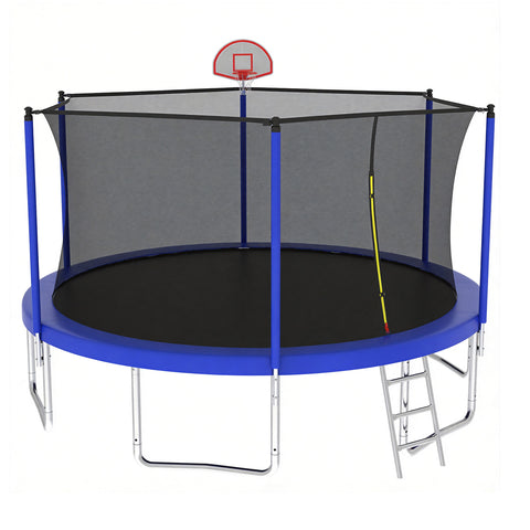 Skepphlay 14 FT Outdoor Trampoline w/ Basketball Hoop, 3 Steps Ladder and Safe Enclosure Net, Blue Recreational Trampoline for Kids, Adults, Backyard
