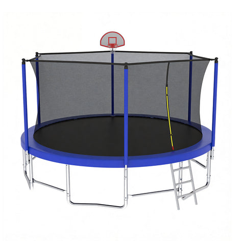Skepphlay 15 FT Outdoor Trampoline w/ Basketball Hoop, 3 Steps Ladder and Safe Enclosure Net, Blue Recreational Trampoline for Kids, Adults, Backyard