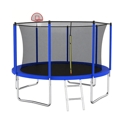 Skepphlay 12 FT Outdoor Trampoline w/ Basketball Hoop, 2 Steps Ladder and Safe Enclosure Net, Blue Recreational Trampoline for Kids, Adults, Backyard
