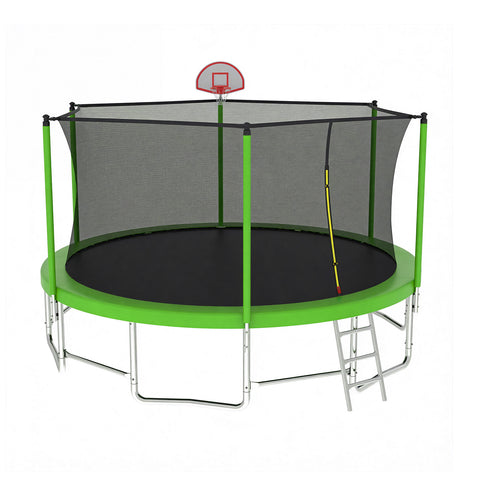 Skepphlay 16 FT Outdoor Trampoline w/ Basketball Hoop, 3 Steps Ladder and Safe Enclosure Net, Green Recreational Trampoline for Kids, Adults, Backyard
