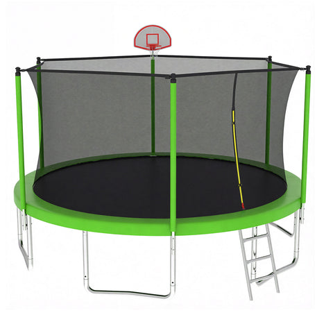 Skepphlay 14 FT Outdoor Trampoline w/ Basketball Hoop, 3 Steps Ladder and Safe Enclosure Net, Green Recreational Trampoline for Kids, Adults, Backyard