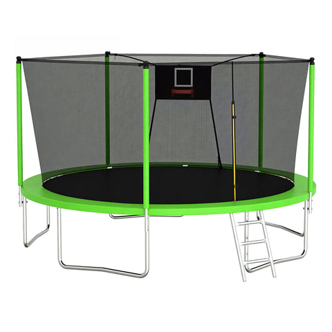 Skepphlay 14 FT Outdoor Trampoline with Safety Enclosure Net, Basketball Hoop, 5 W-Shaped Legs & Ladder, ASTM Certified for Kids Adults, Green