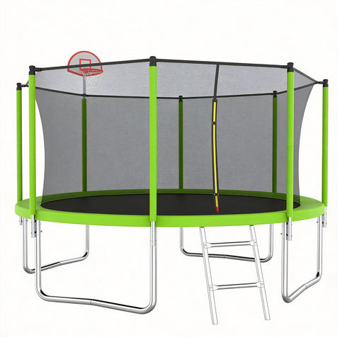 Skepphlay 12 FT Outdoor Trampoline w/ Basketball Hoop, 2 Steps Ladder and Safe Enclosure Net, Green Recreational Trampoline for Kids, Adults, Backyard