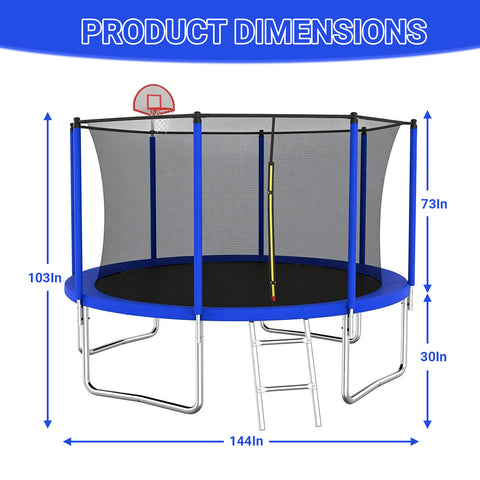 Skepphlay 12 FT Outdoor Trampoline w/ Basketball Hoop, 2 Steps Ladder and Safe Enclosure Net, Blue Recreational Trampoline for Kids, Adults, Backyard