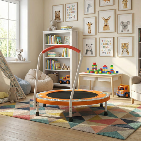 Skepphlay 36" Foldable Toddler Trampoline w/ Adjustable Handlebar for Kids 1-6 Ages, Safe & Sturdy Design, Orange
