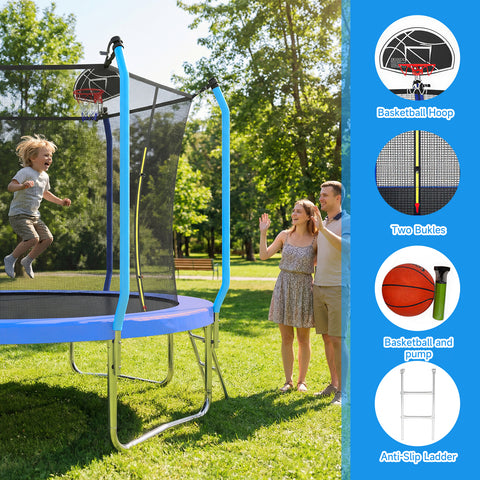 Skepphlay 8 FT Outdoor Trampoline w/ Basketball Hoop, 2 Steps Ladder and Safe Enclosure Net, Recreational Trampoline for Kids, Adults, Blue