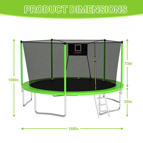 Skepphlay 14 FT Outdoor Trampoline with Safety Enclosure Net, Basketball Hoop, 5 W-Shaped Legs & Ladder, ASTM Certified for Kids Adults, Green